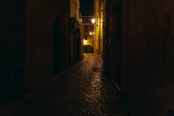 Journey. Night streets of the city of Terracina. Italy.