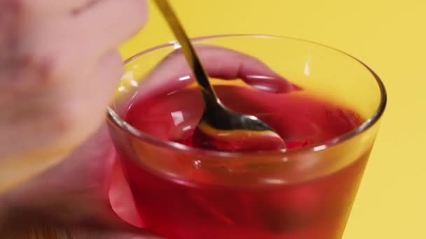 Dessert Female Hand Takes Cherry Jelly Spoon — 图库视频影像