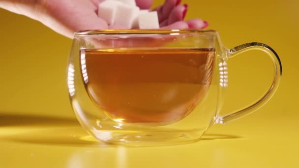 Ζάχαρη Κύβοι Ζάχαρης Ρίχνονται Ένα Φλιτζάνι Τσάι — Αρχείο Βίντεο