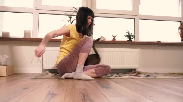 Apartment Girl Played Apartment Cat — Stock Video