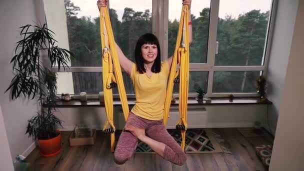 Fly Yoga Woman Doing Yoga Exercises Hammock Apartment — Stock Video