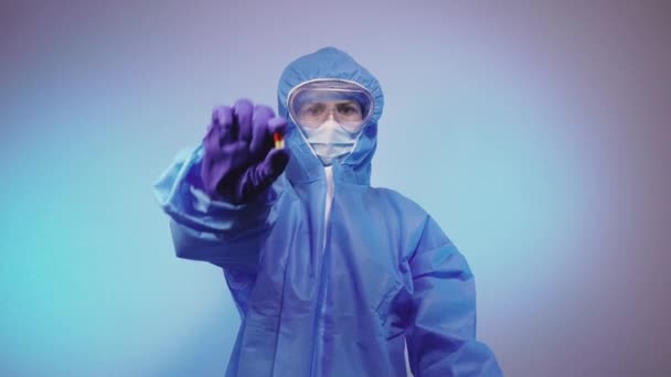 Virus Doctor Protective Medical Suit Virus Holds Tablet His Hands — Stock Video