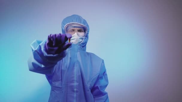 Virus Doctor Protective Medical Suit Virus Holds Tablet His Hands — Stock Video