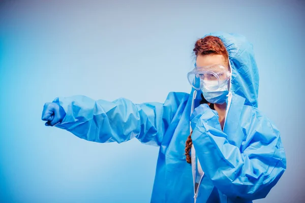 Virus Woman Protective Virus Suit Fists Air — Stock Photo, Image