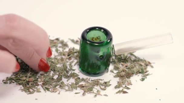 Cannabis Uma Mão Pega Maconha Coloca Num Cachimbo Fumo — Vídeo de Stock