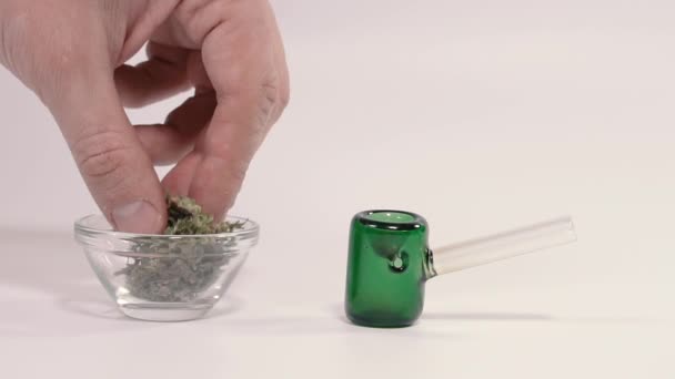 Cannabis Hand Takes Marijuana Puts Smoking Pipe — Stock Video