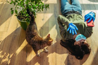 Karantinaya alın. Koruyucu tıbbi maskeli kadın internet üzerinden iletişim kuruyor..