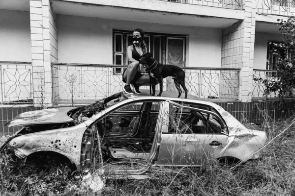 Après Apocalypse Une Fille Tient Dans Une Voiture Tient Chien — Photo