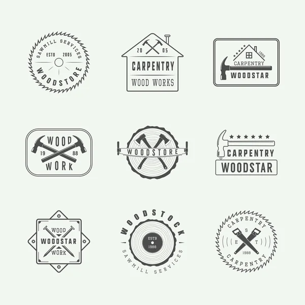 Vintage marangozluk ve mekanik etiketleri, amblem ve logo. — Stok Vektör