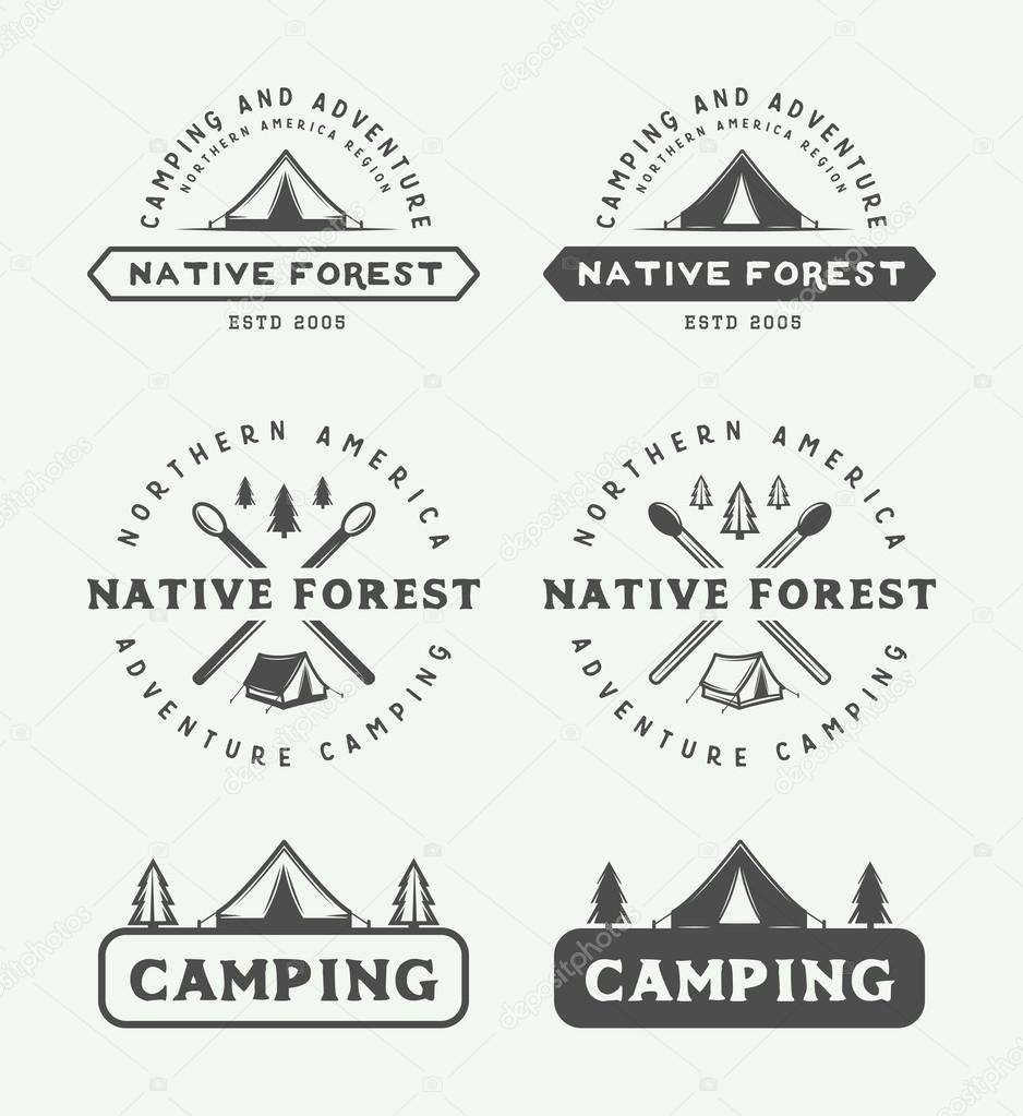 Set of vintage camping outdoor and adventure logos, badges, labels, emblems, marks and design elements. Graphic Art. Vector Illustration.