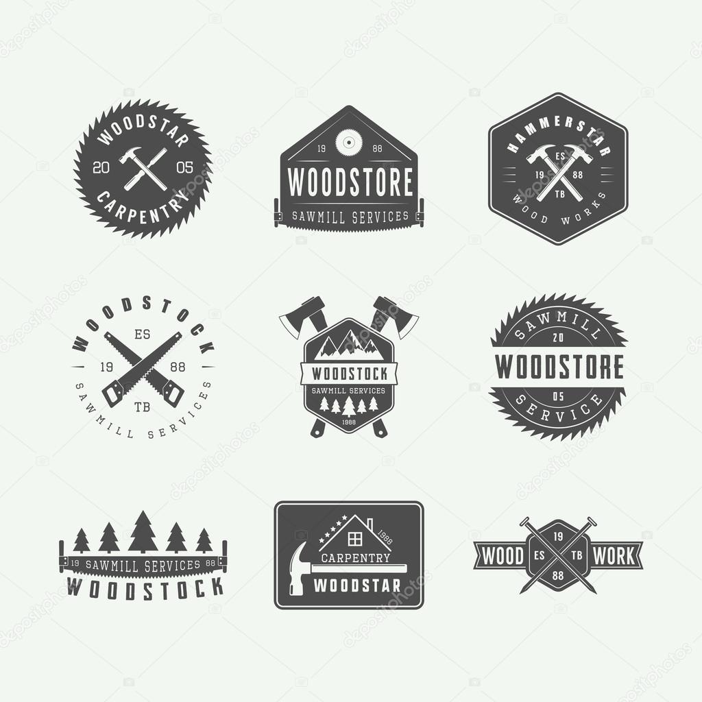 Set of vintage carpentry and mechanic labels, emblems and logo. 