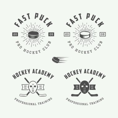 Vintage hokey amblem, logo, rozetleri, etiketleri kümesi