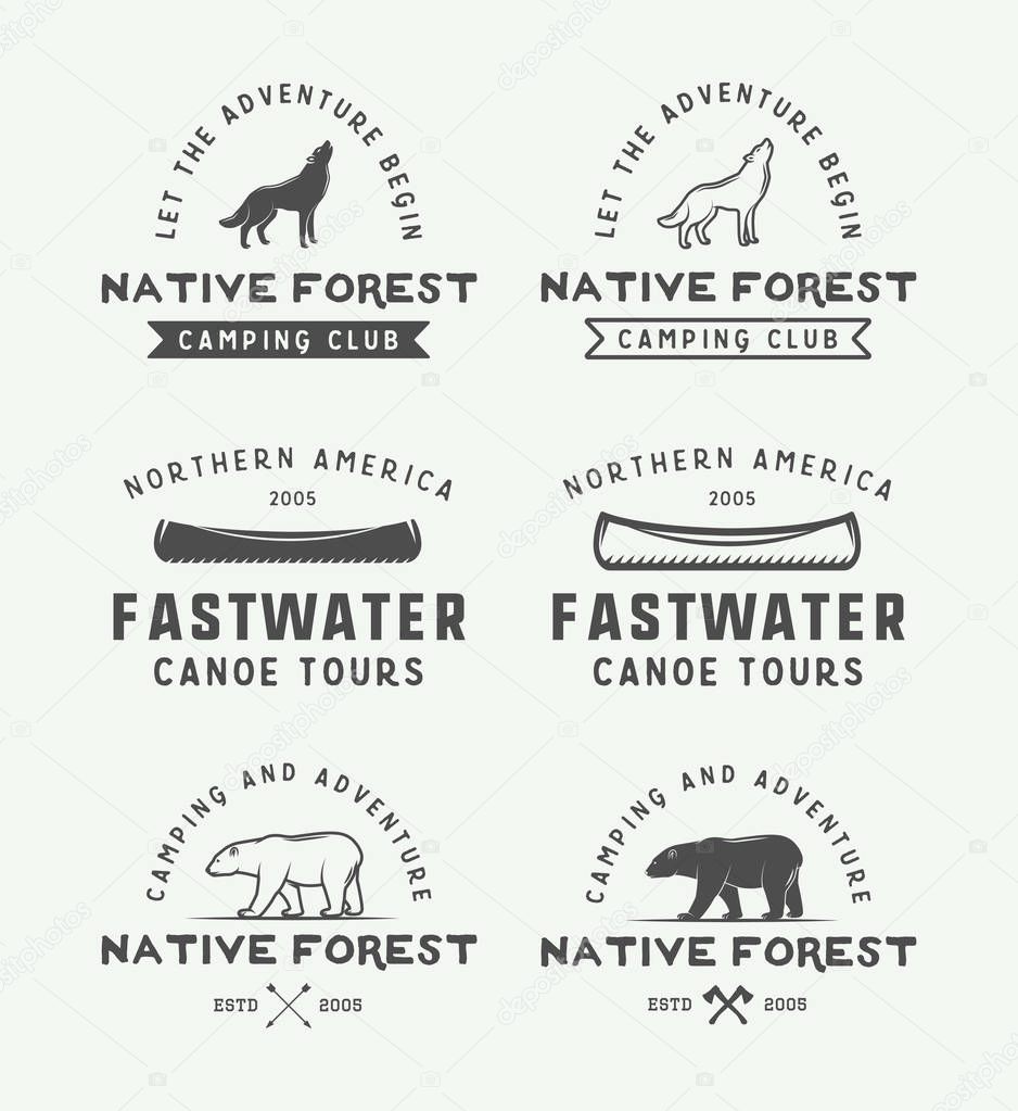 Set of vintage camping outdoor and adventure logos, badges, labels, emblems, marks and design elements. Graphic Art. Vector Illustration.