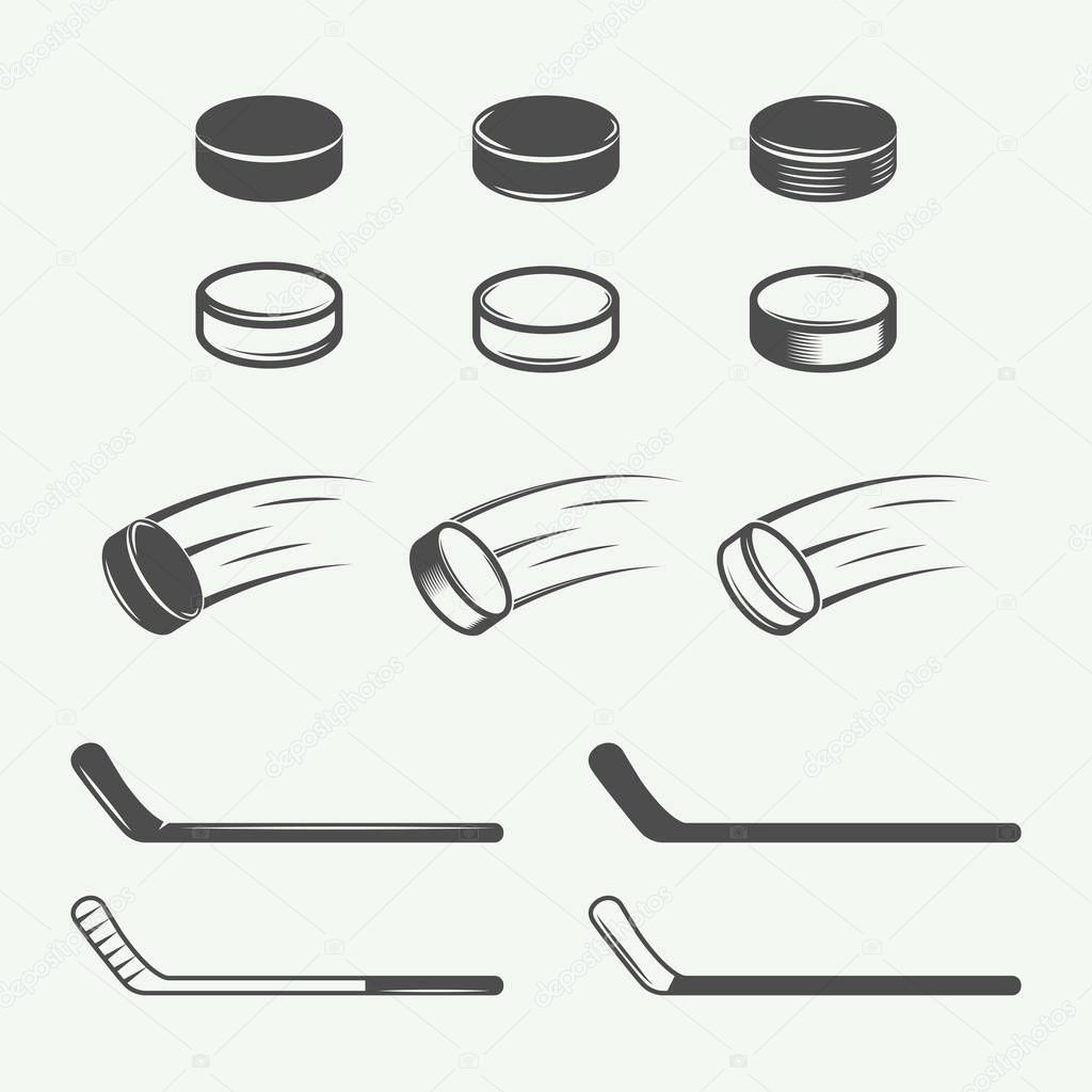 Set of vintage hockey elements in retro style. Puck, hockey stick, flying puck. Graphic Art. Vector Illustration.