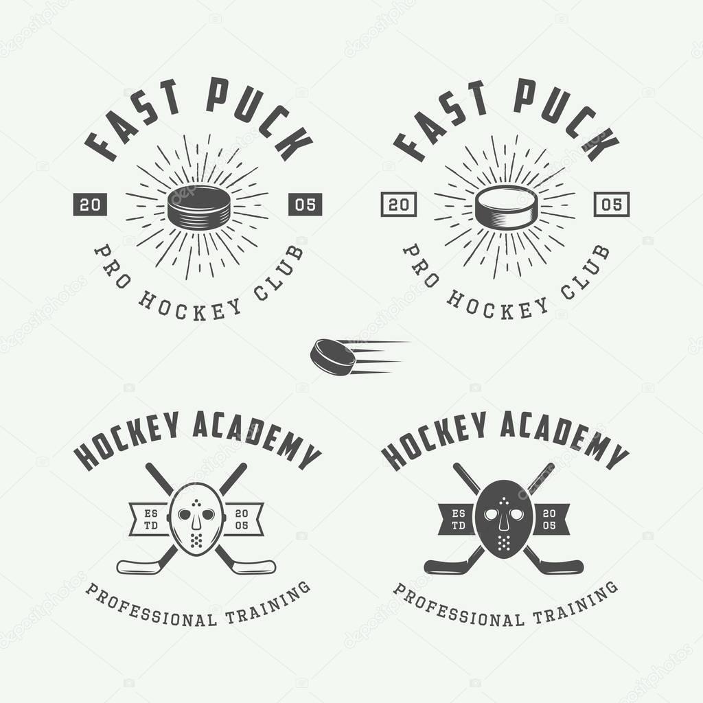 Set of vintage hockey emblems, logos, badges, labels and design elements. Graphic Art. Vector Illustration.