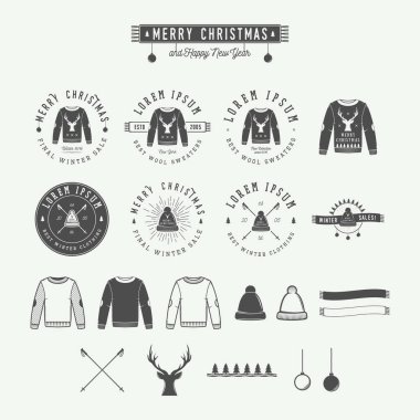 Vintage Merry Christmas veya kış satış logo, amblem, rozet