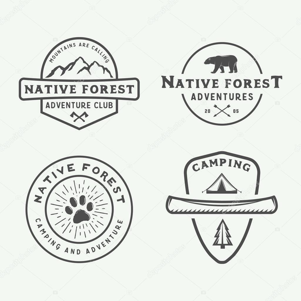 Set of vintage camping outdoor and adventure logos, badges, labels, emblems, marks and design elements. Graphic Art. Vector Illustration.