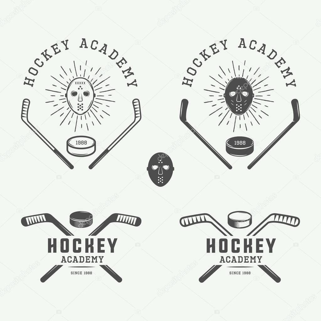 Set of vintage hockey emblems, logos, badges, labels and design elements. Graphic Art. Vector Illustration.