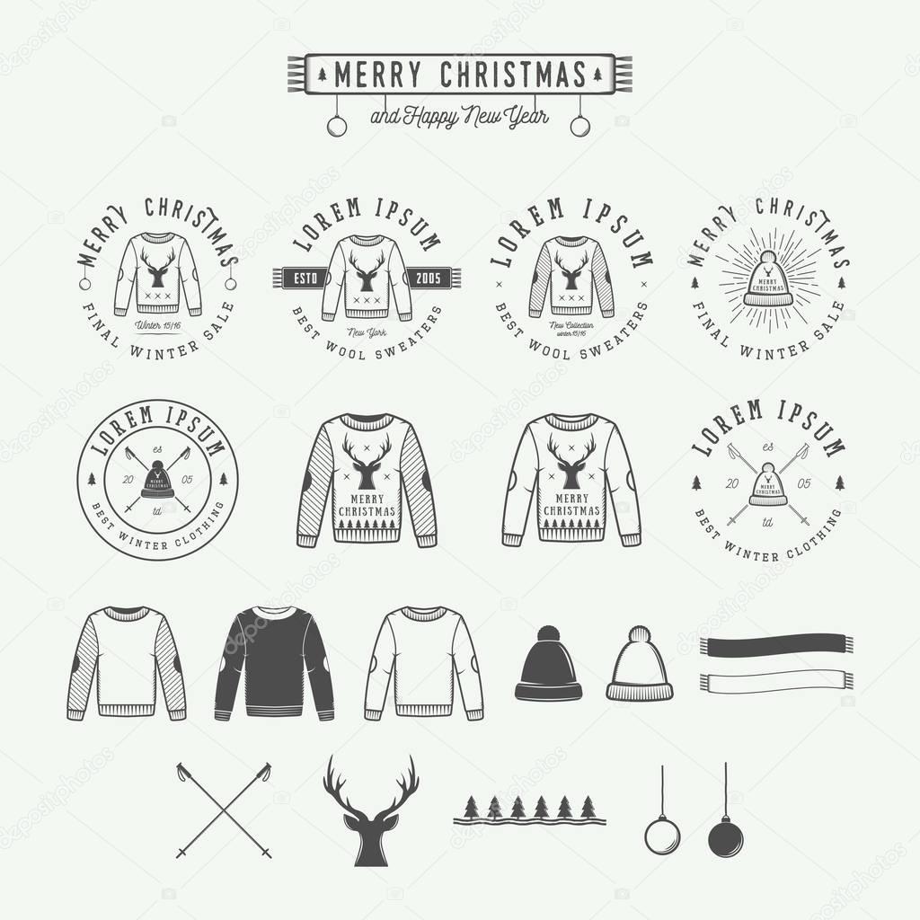Vintage Merry Christmas or winter sales logo, emblem, badge, label and watermark in retro style with sweaters, hats, scarfs, trees, stars, decor, deers and design elements. Vector illustration