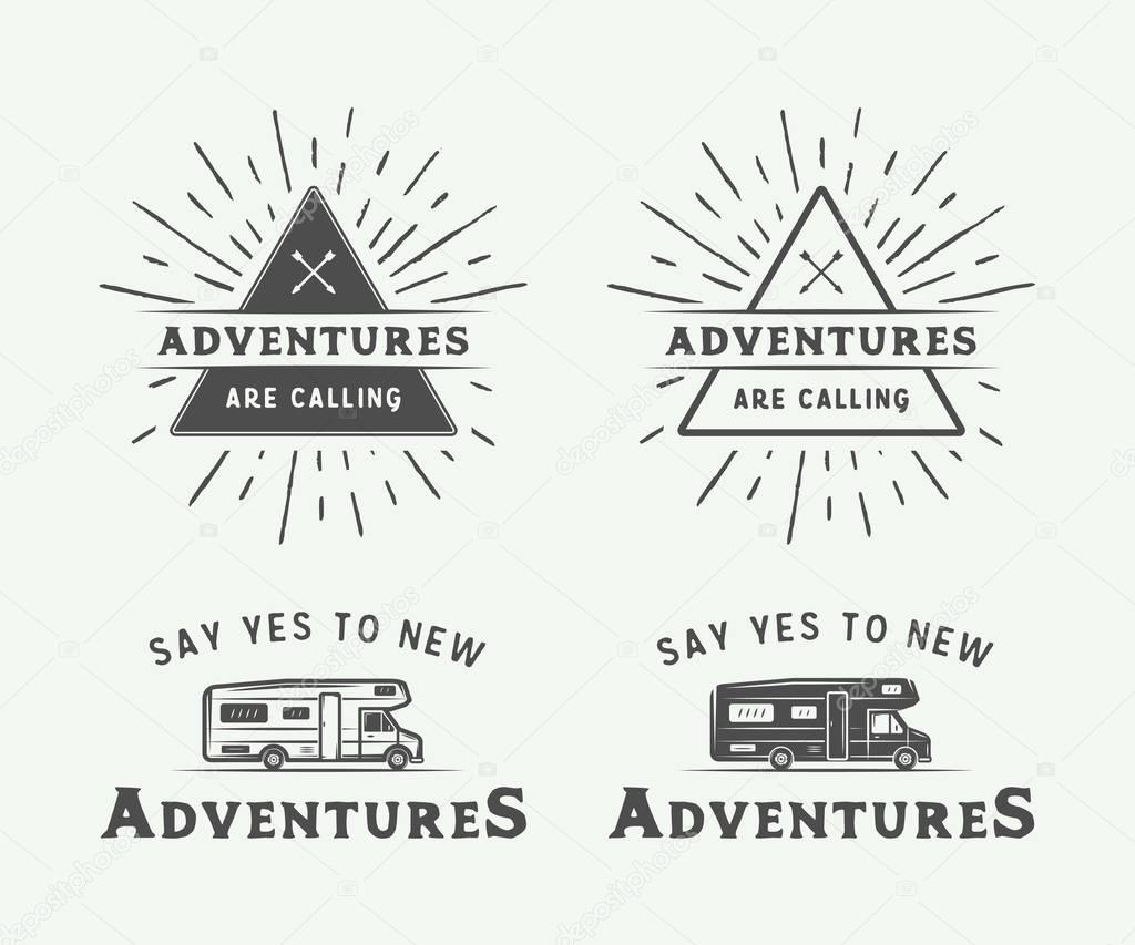 Set of vintage camping outdoor and adventure logos, badges, labels, emblems, marks and design elements. Monochrome graphic Art. Vector Illustration.