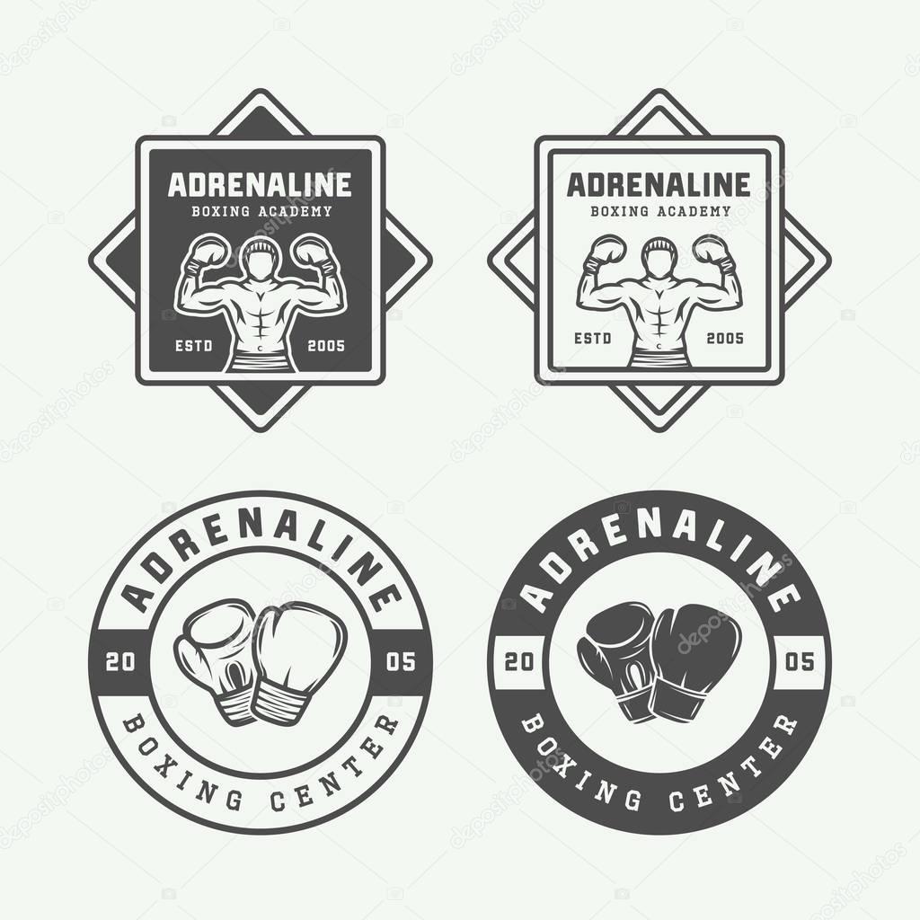 Set of retro boxing and martial arts logo badges and labels in vintage style. Monochrome graphic Art. Vector Illustration.