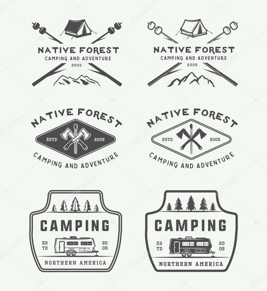Set of vintage camping outdoor and adventure logos, badges, labels, emblems, marks and design elements. Vector illustration. Monochrome Graphic Art.
