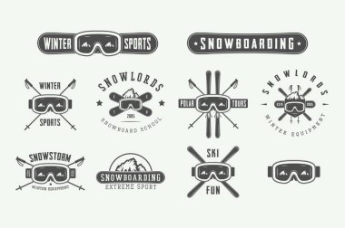 Vintage snowboard veya kış sporları logoları, rozetleri kümesi
