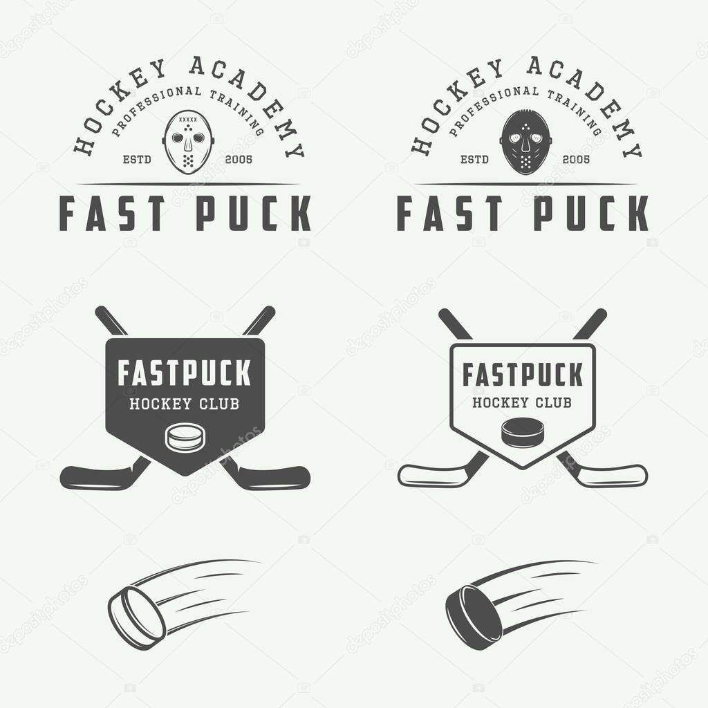Set of vintage hockey emblems, logos, badges, labels and design elements. Graphic Art. Vector Illustration.