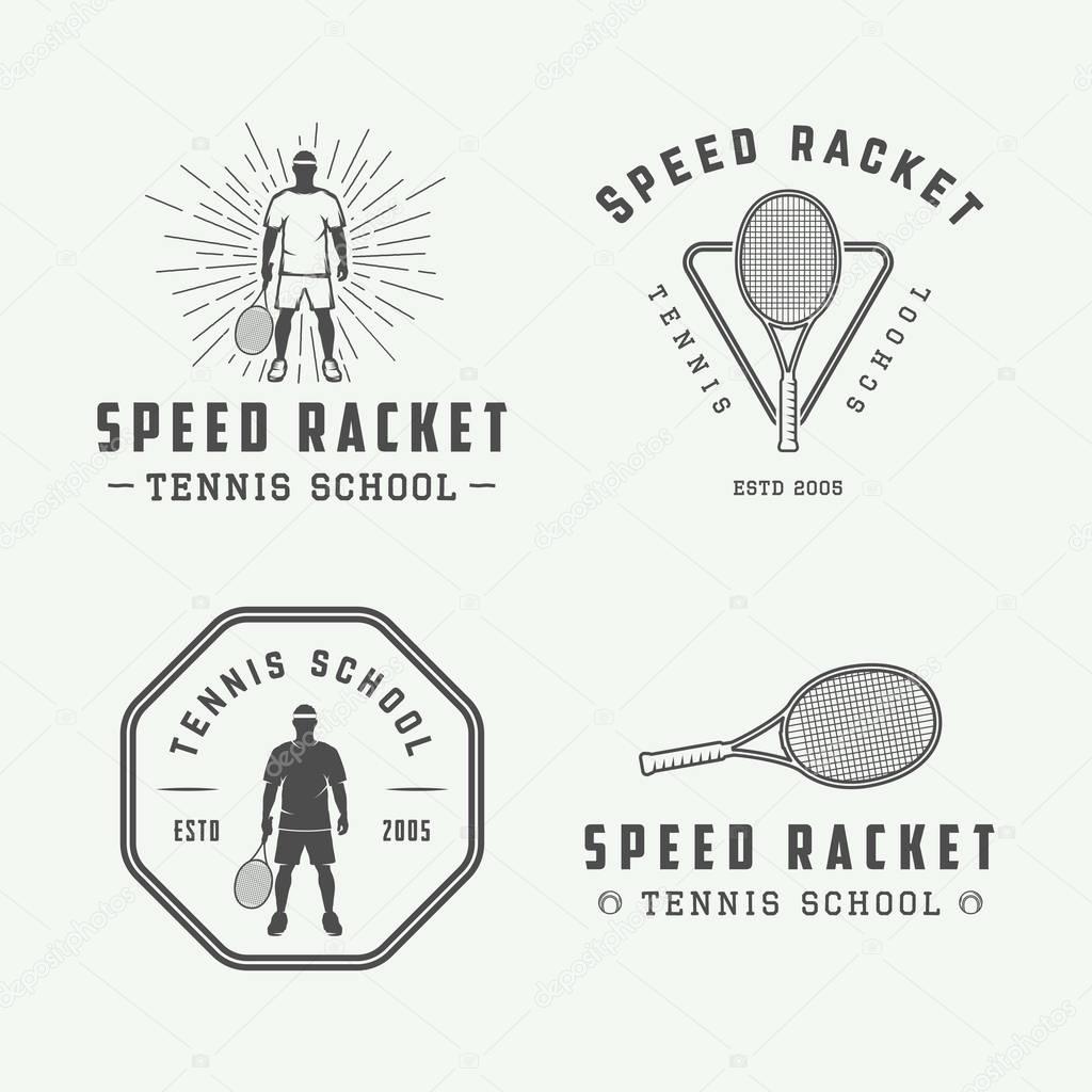 Set of vintage tennis logos, emblems, badges, labels and design elements. Vector illustration. Monochrome Graphic Art.