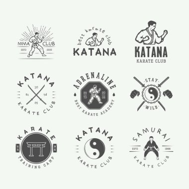 Vintage karate ya da dövüş sanatları logo, amblem, rozet, etiket kümesi