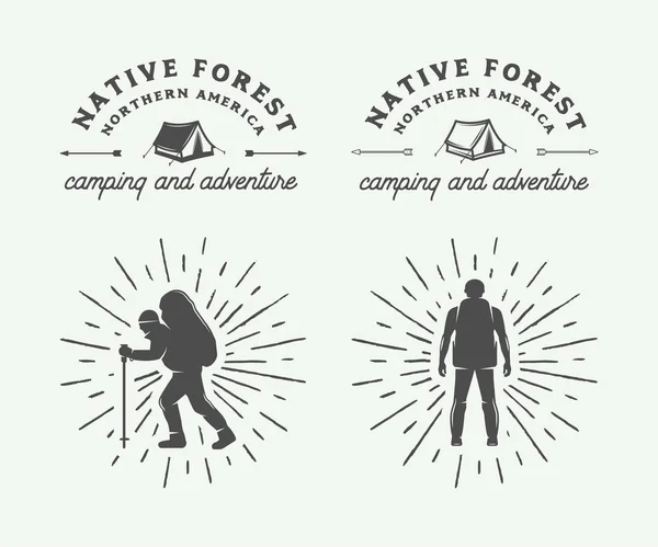 Conjunto de logotipos de camping vintage al aire libre y aventura, insignias — Archivo Imágenes Vectoriales