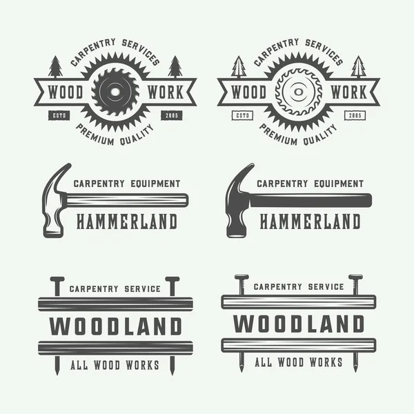 Set vintage timmerwerk, houtbewerking en monteur labels, badges — Stockvector