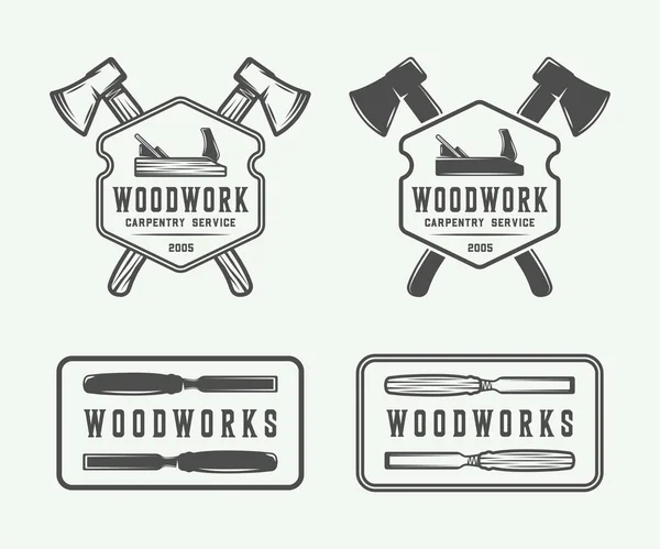 Set vintage timmerwerk, houtbewerking en monteur labels, badges — Stockvector