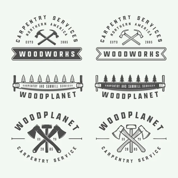 Set of vintage carpentry, woodwork and mechanic labels, badges — Stock Vector