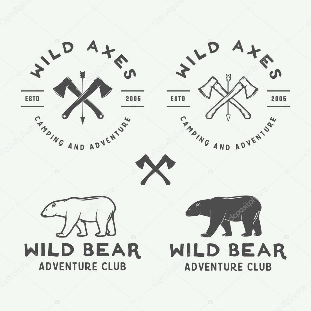 Set of vintage camping outdoor and adventure logos, badges, labels, emblems, marks and design elements. Vector illustration. Monochrome Graphic Art.
