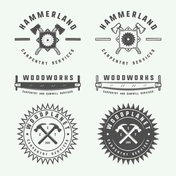 Set vintage timmerwerk, houtbewerking en monteur labels, badges — Stockvector