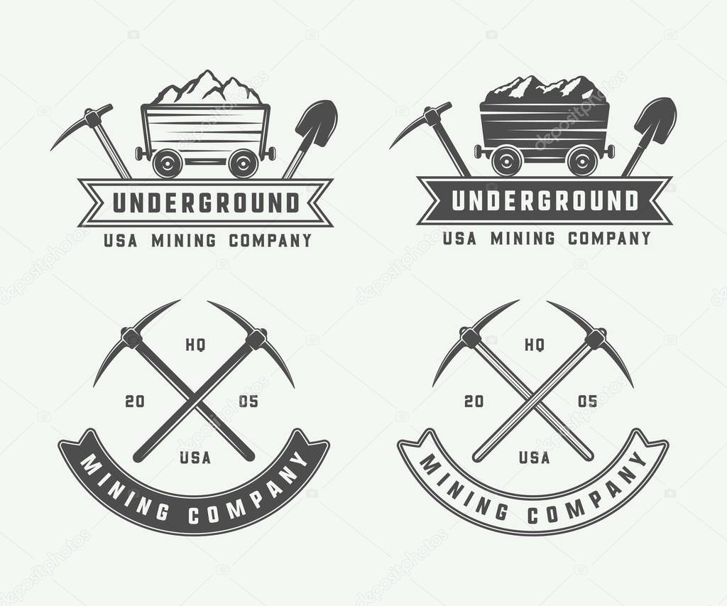 Set of retro mining or construction logo badges and labels in vintage style. Monochrome Graphic Art. Vector Illustration.