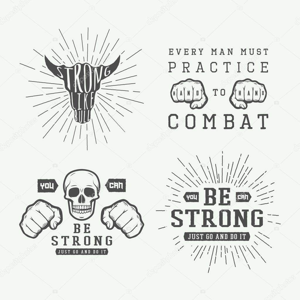 Set of vintage motivational and inspirational fighting poster in retro style. Monochrome graphic Art. Vector Illustration.
