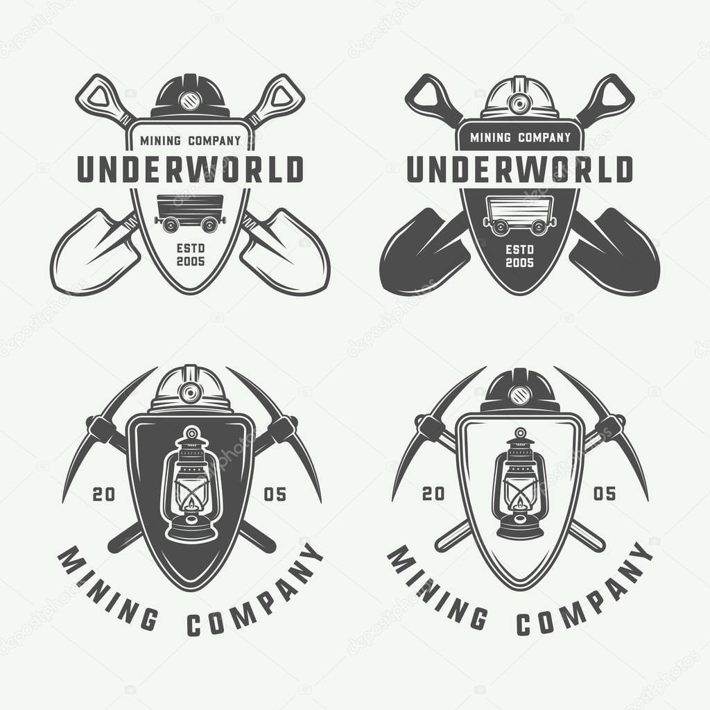 Set of retro mining or construction logo badges and labels in vintage style. Monochrome Graphic Art. Vector Illustration.