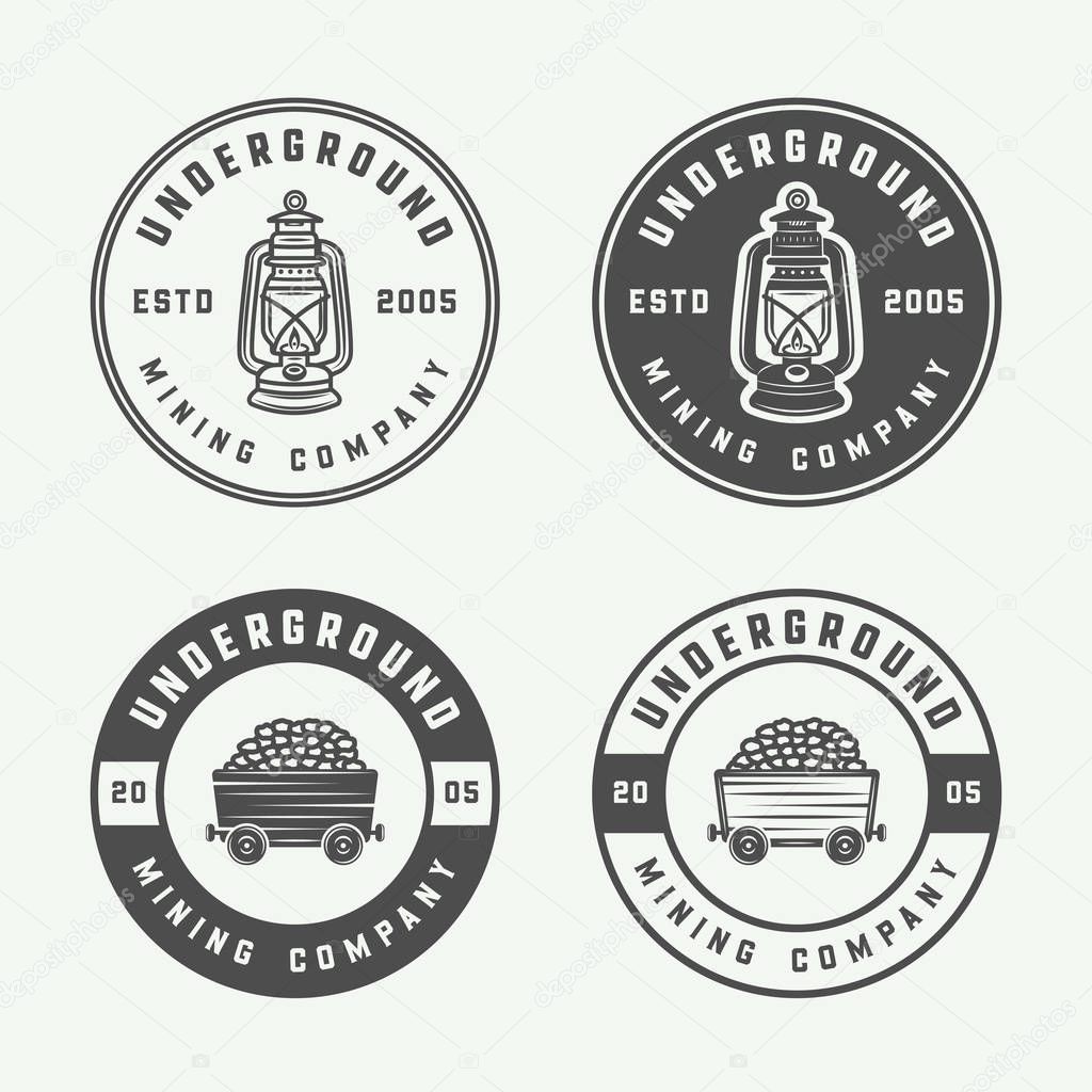 Set of retro mining or construction logo badges and labels in vintage style. Monochrome Graphic Art. Vector Illustration.