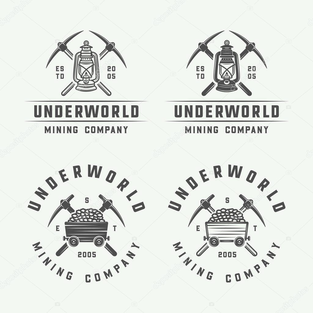 Set of retro mining or construction logo badges and labels in vintage style. Monochrome Graphic Art. Vector Illustration.