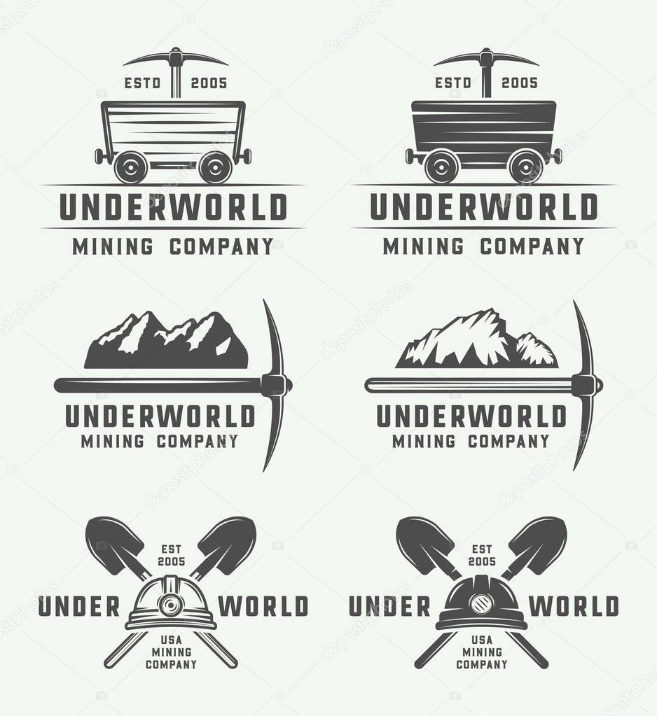 Set of retro mining or construction logo badges and labels in vintage style. Monochrome Graphic Art. Vector Illustration.