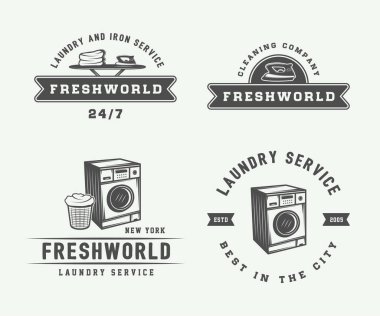 Dizi vintage Çamaşırhane, temizlik veya demir hizmet logolar, Amblemler