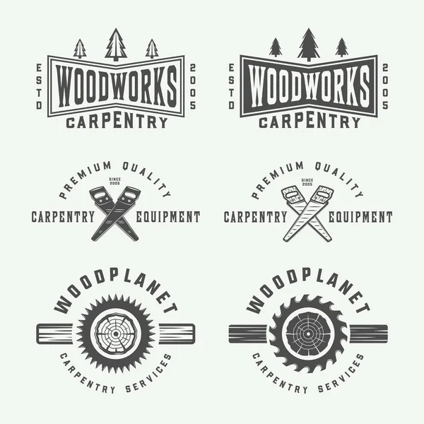 Set of vintage carpentry, woodwork and mechanic labels, badges — Stock Vector