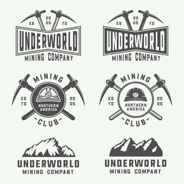 Conjunto de logotipos de minería o construcción retro, insignias, emblemas — Archivo Imágenes Vectoriales