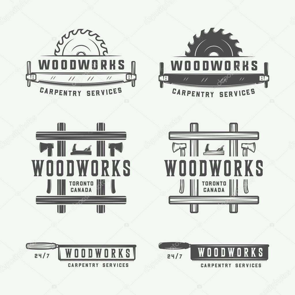 Set of vintage carpentry, woodwork and mechanic labels, badges, emblems and logo. Vector illustration. Monochrome Graphic Art.