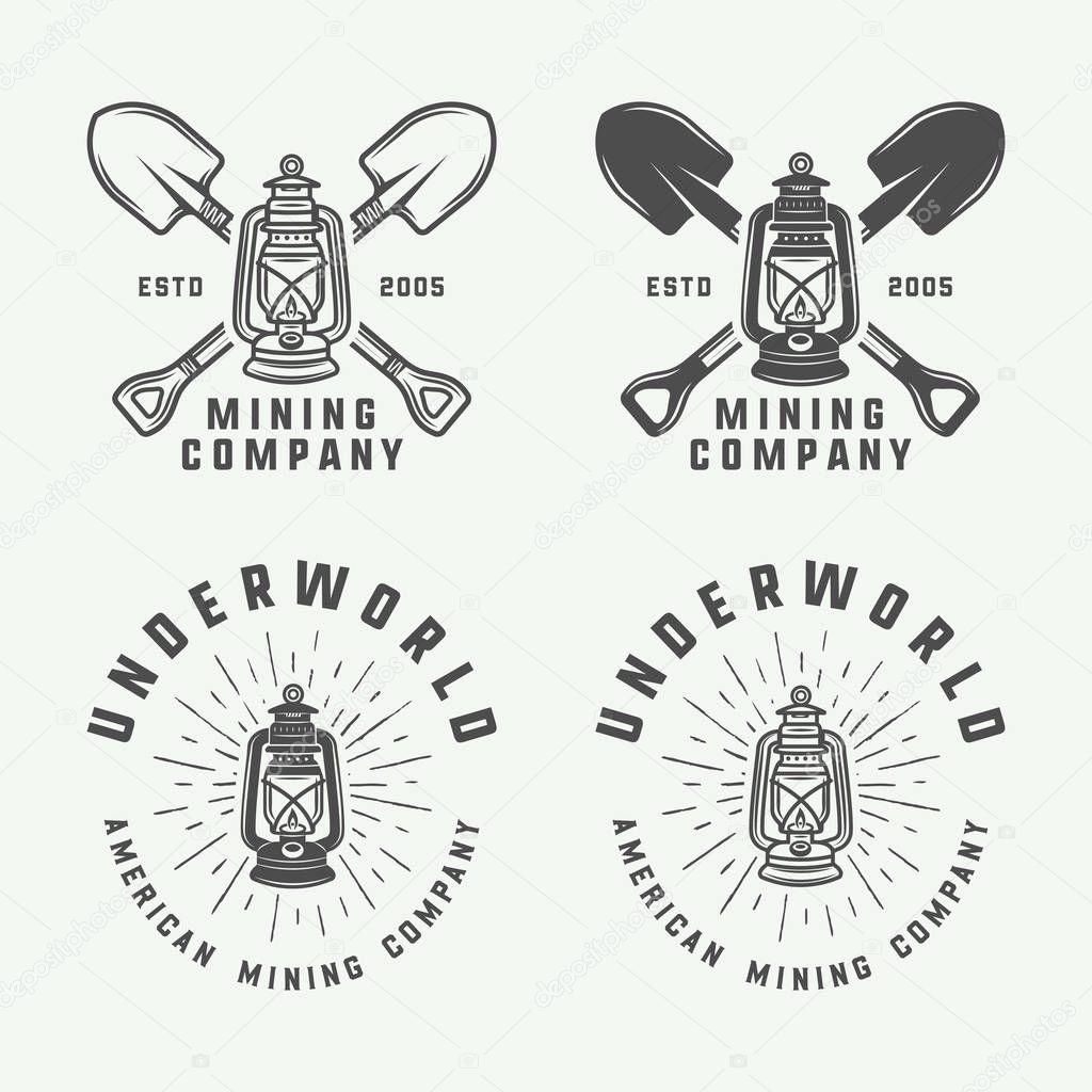 Set of retro mining or construction logos, badges, emblems and labels in vintage style. Monochrome Graphic Art. Vector Illustration.