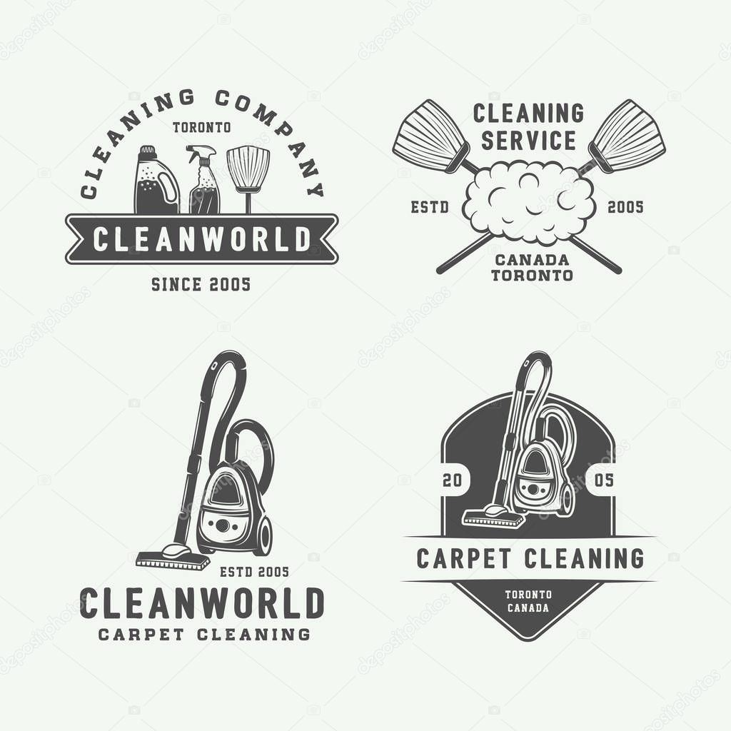 Set of retro cleaning logo badges, emblems and labels in vintage style. Monochrome Graphic Art. Vector Illustration.