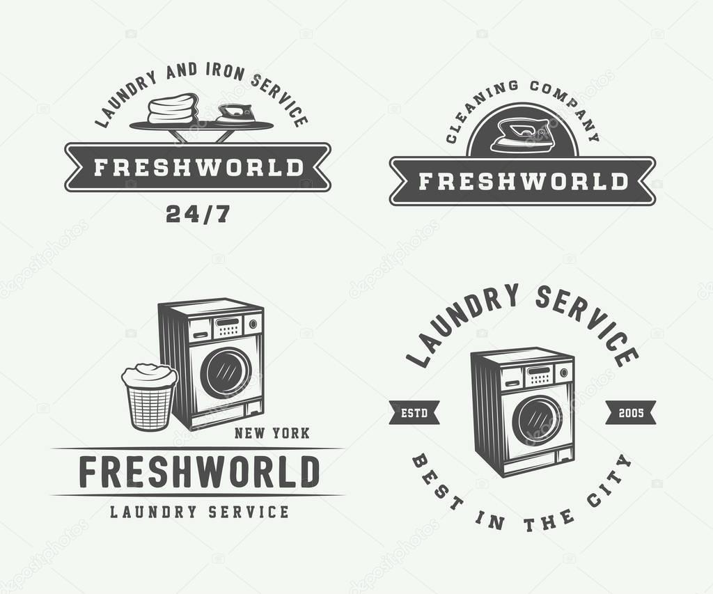 Set of vintage laundry, cleaning or iron service logos, emblems, badges and design elements. Monochrome Graphic Art. Vector Illustration.