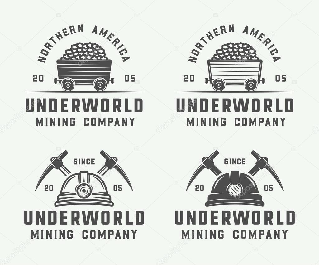 Set of retro mining or construction logos, badges, emblems and labels in vintage style. Monochrome Graphic Art. Vector Illustration.